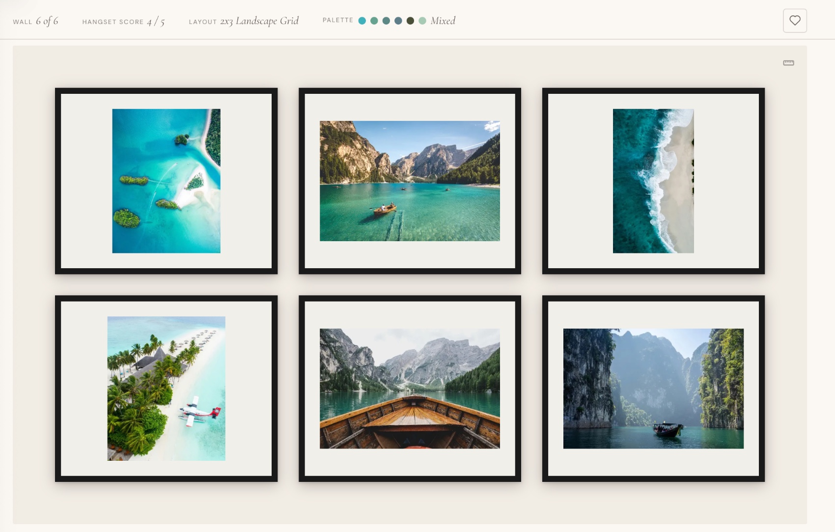 A 2×3 grid wall composition showing six landscape photographs